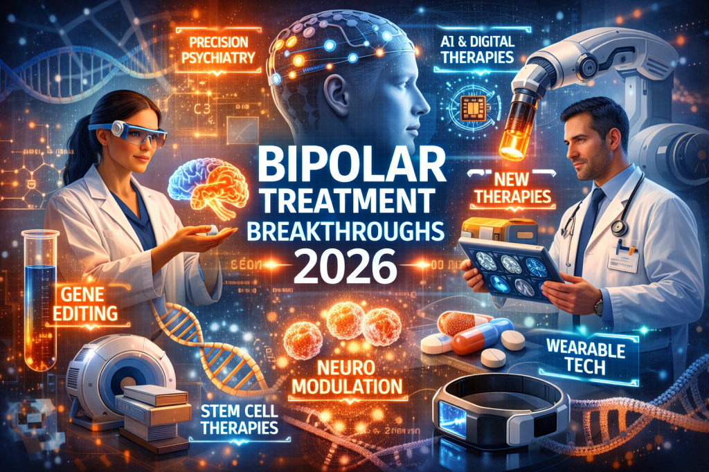 Researchers with advanced technology and biological visuals highlighting bipolar treatment methods.