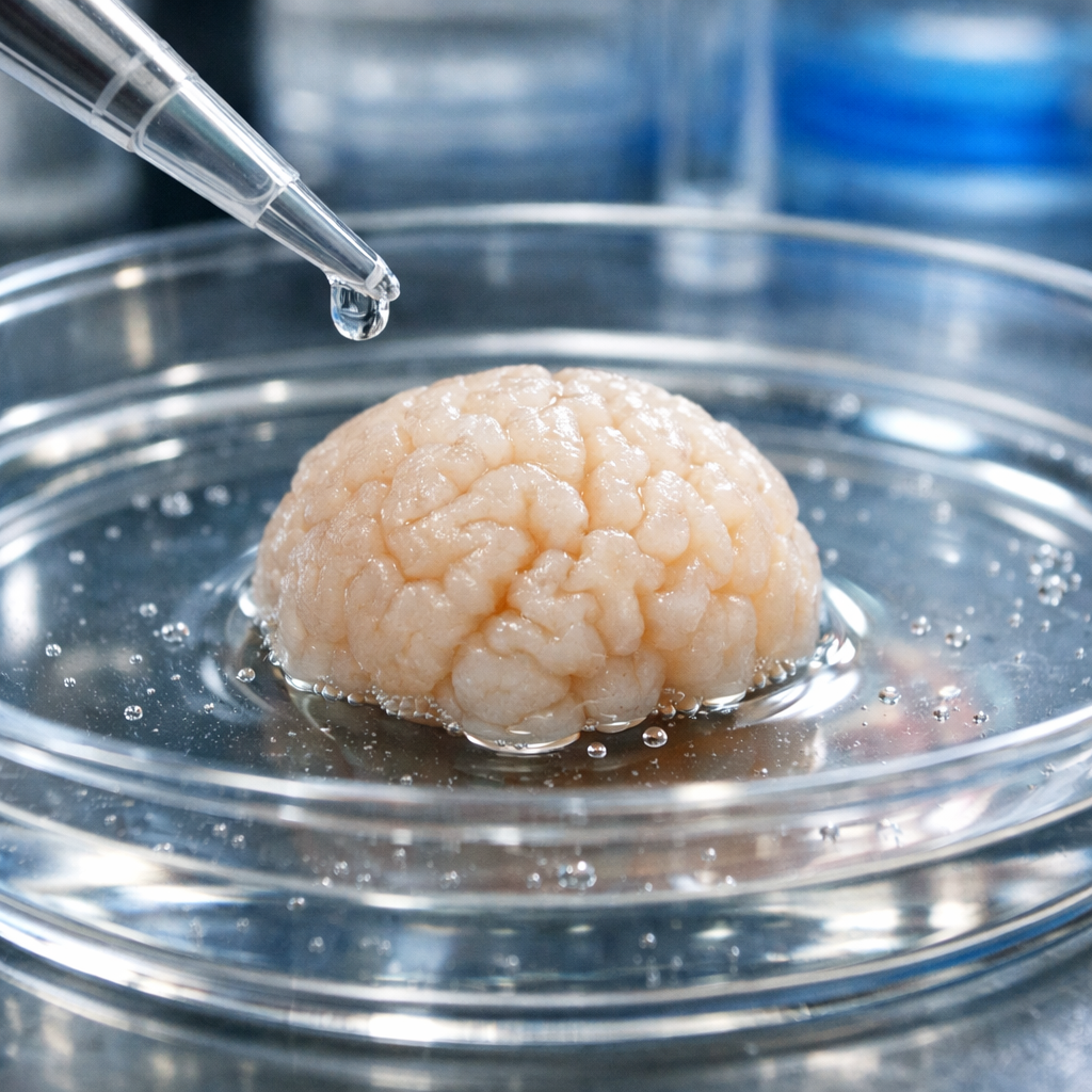 Brain organoid in petri dish with a dropper dispensing liquid nearby